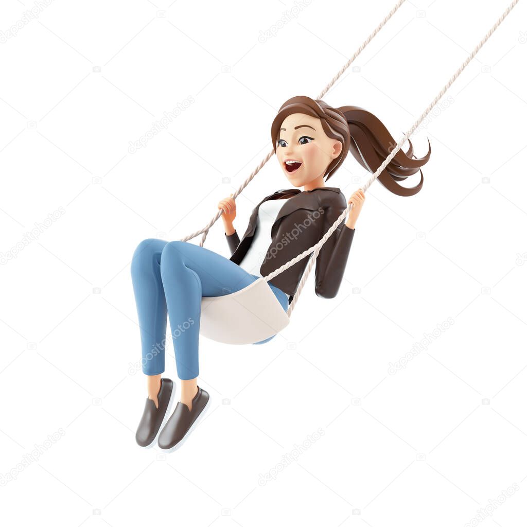 3d cartoon woman swinging on swing, illustration isolated on white background