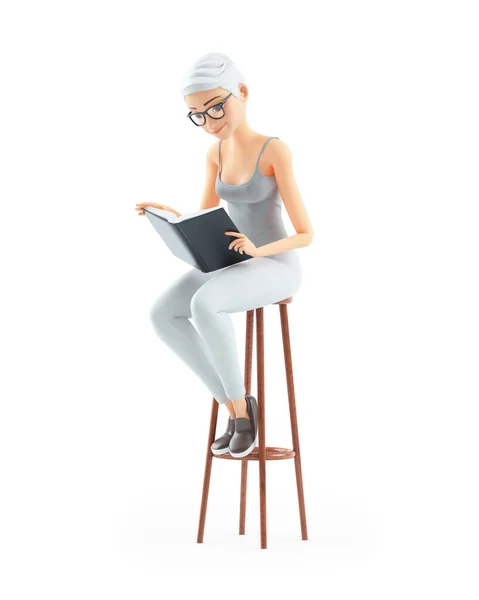 3Dシニア女性読書本上のスツール 白い背景に隔離されたイラスト — ストック写真