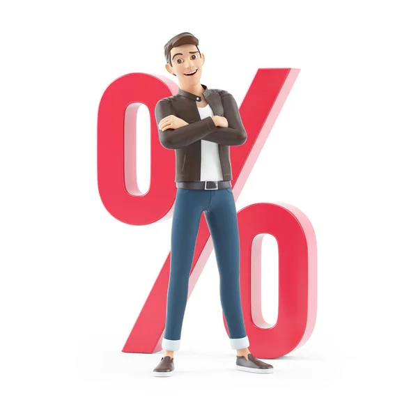3D卡通人物双臂交叉在百分之一的符号前面 用白色背景表示孤立 — 图库照片