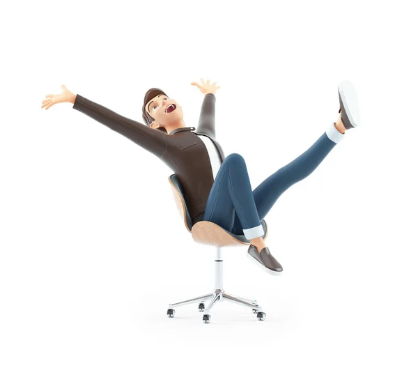 3D成功した漫画の男でオフィスチェア 白い背景に隔離されたイラスト — ストック写真