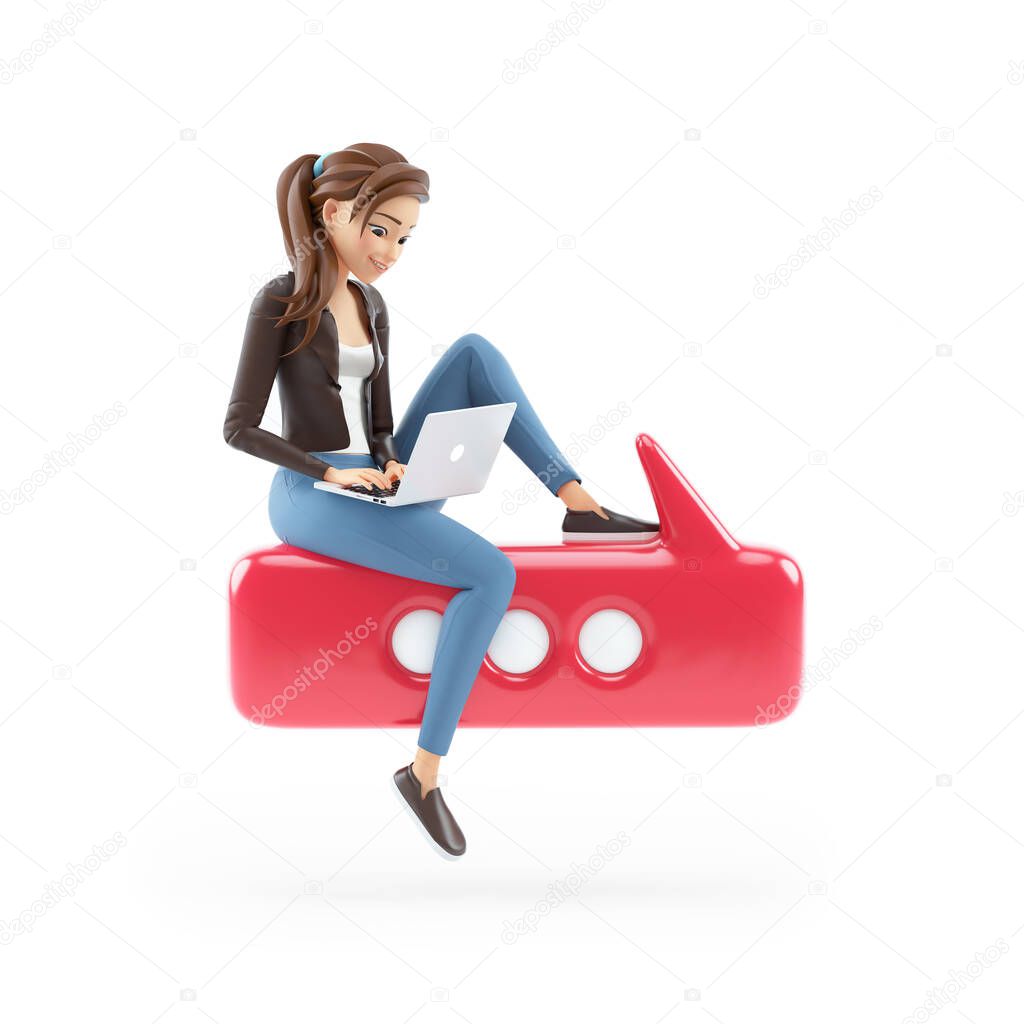 3d cartoon woman with laptop sitting on bubble talk, illustration isolated on white background