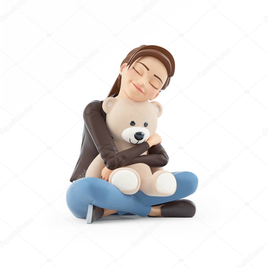 3d cartoon woman sitting on floor and hugging teddy bear, illustration isolated on white background