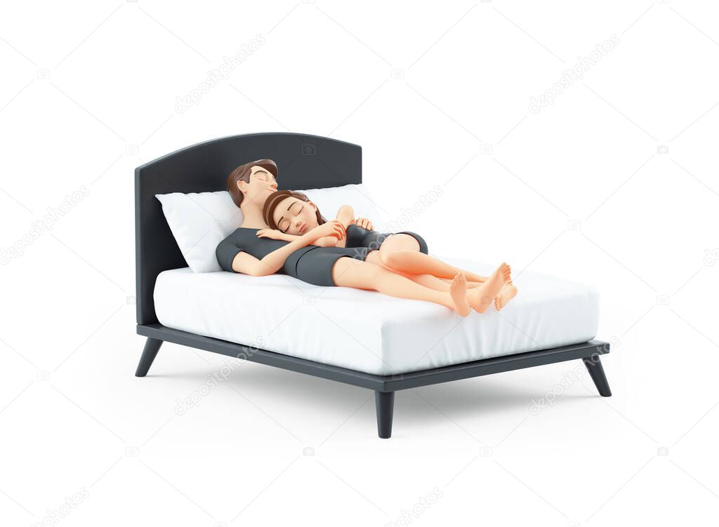 3d cartoon couple sleeping together in bed, illustration isolated on white background