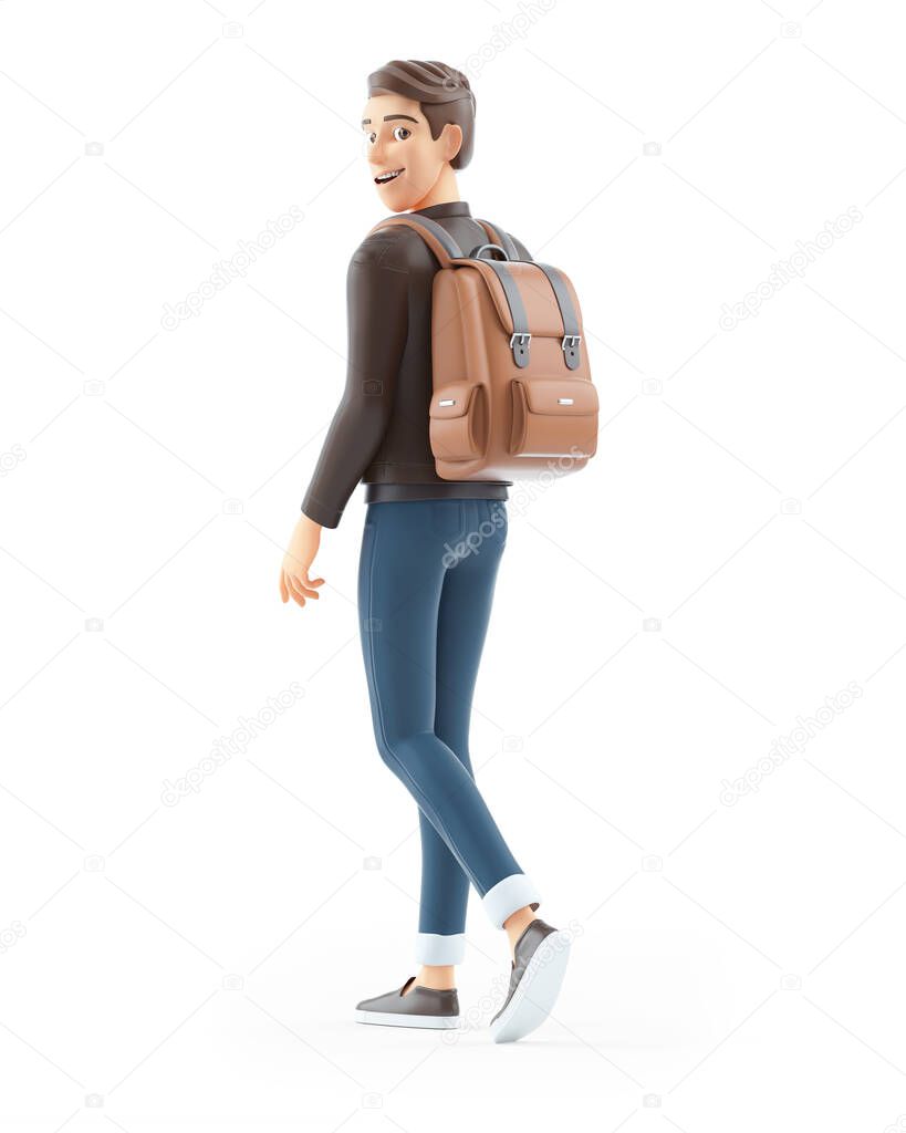 3d cartoon man walking with backpack, illustration isolated on white background