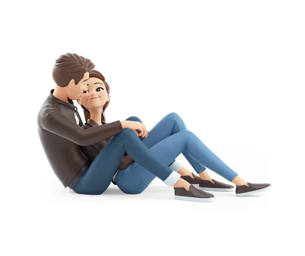 3D快乐的一对夫妇坐在地板上 白色背景上孤立的图画 — 图库照片
