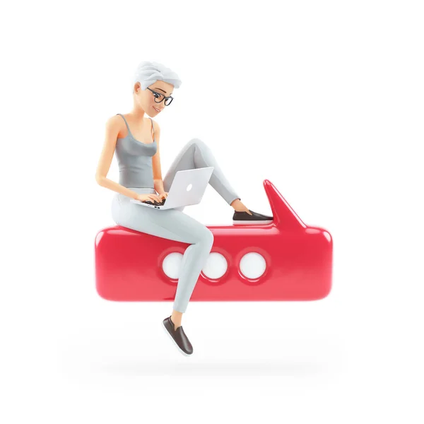 Mulher Sênior Com Laptop Sentado Bolha Falar Ilustração Isolada Fundo — Fotografia de Stock