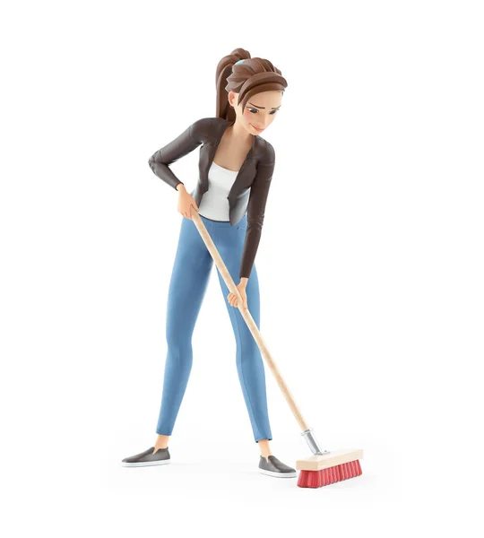 Cartoon Woman Pushing Broom Illustration Isolated White Background — Stock Photo, Image