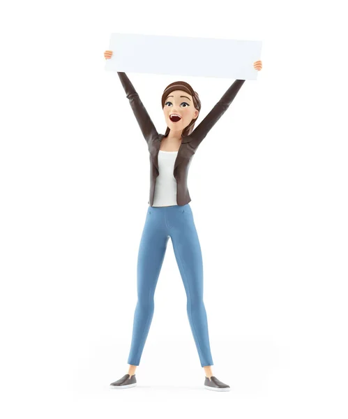 3D幸せな漫画の女性プラカードを上げる 白の背景に隔離されたイラスト — ストック写真