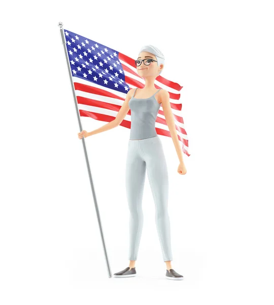 Patriotic Senior Woman Holding American Flag Illustration Isolated White Background — Stock Photo, Image