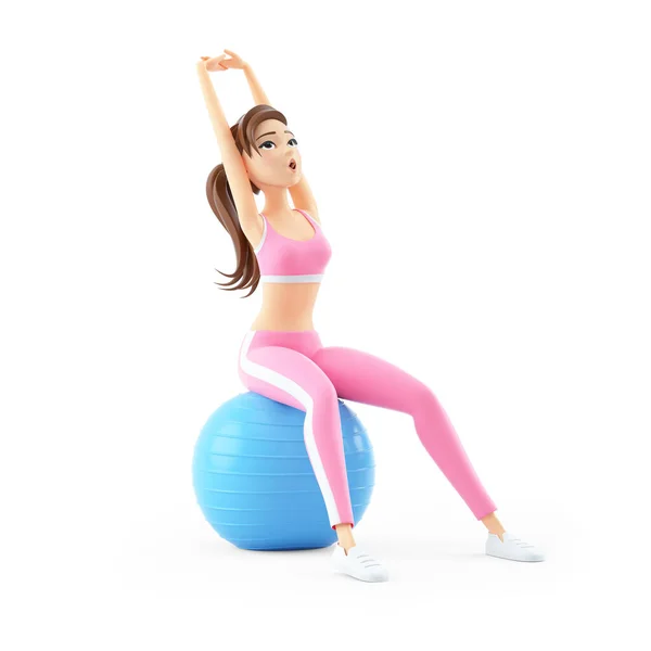 Sporty Woman Sitting Fitness Ball Doing Stretching Exercise Illustration Isolated — Foto de Stock