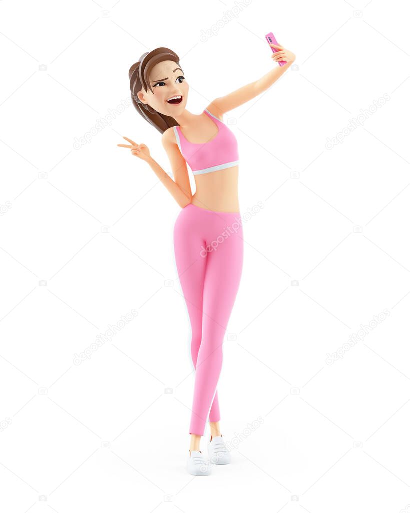 3d sporty woman taking selfie on mobile phone, illustration isolated on white background