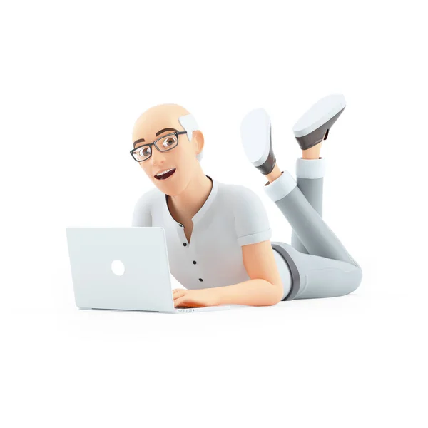 Senior Man Working Laptop Lying Floor Illustration Isolated White Background — Fotografia de Stock