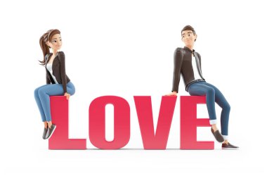 3d cartoon couple sitting on word love, illustration isolated on white background