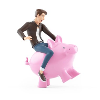 3d cartoon man riding piggy bank, illustration isolated on white background