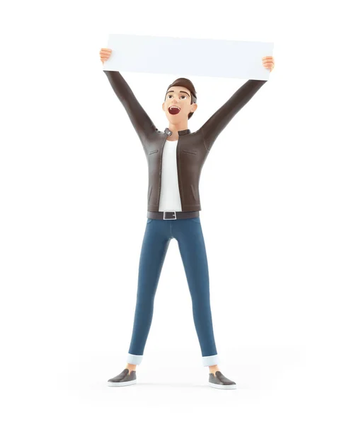 Happy Cartoon Man Raising Placard Illustration Isolated White Background — Foto de Stock