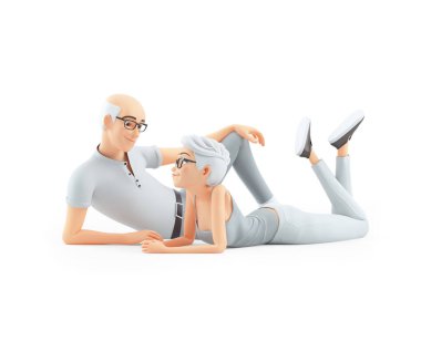 Üç boyutlu romantik çift yerde yatıyor, resim beyaz arka planda izole edilmiş.