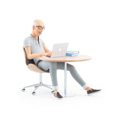 Dizüstü bilgisayarda çalışan 3D kıdemli adam, beyaz arka planda izole edilmiş illüstrasyon