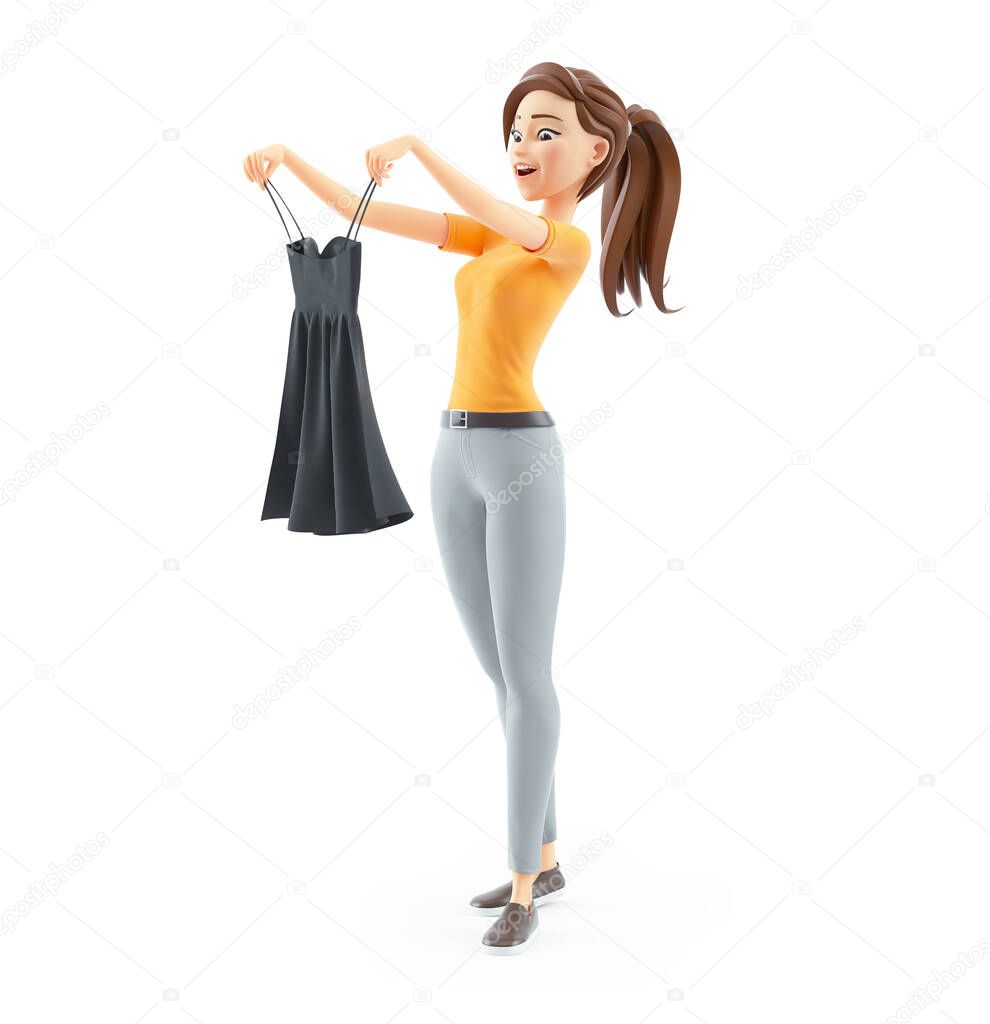 3d woman looking for a dress, illustration isolated on white background