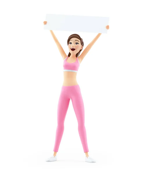 Happy Sporty Woman Raising Placard Illustration Isolated White Background — Stock Photo, Image
