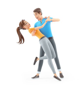 3D erkek bir kadınla dans ediyor, beyaz arka planda izole edilmiş bir resim.
