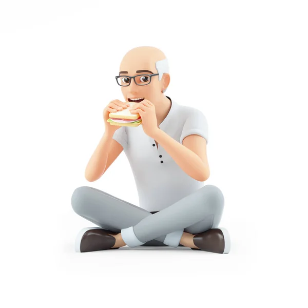 Senior Man Eating Sandwich Sitting Floor Illustration Isolated White Background — Stock Photo, Image