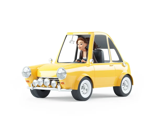 3D卡通妇女驾驶赛车 以白色背景为背景的图形孤立 — 图库照片