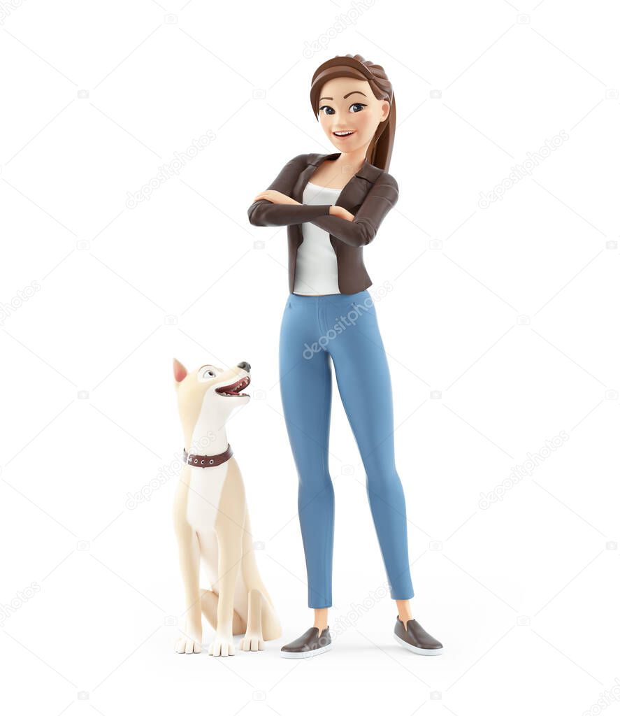 3d cartoon woman standing with her dog, illustration isolated on white background