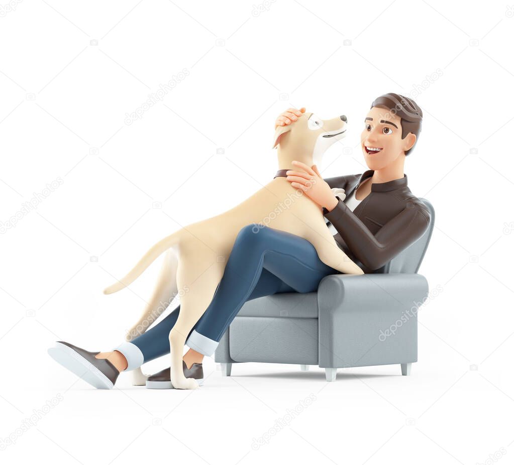 3d cartoon man stroking his dog while sitting in armchair, illustration isolated on white background