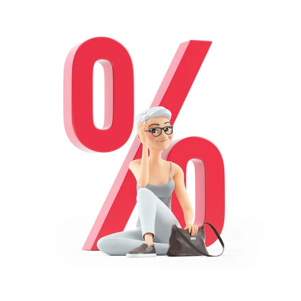 Senior Woman Sitting Floor Front Percent Sign Illustration Isolated White — 스톡 사진
