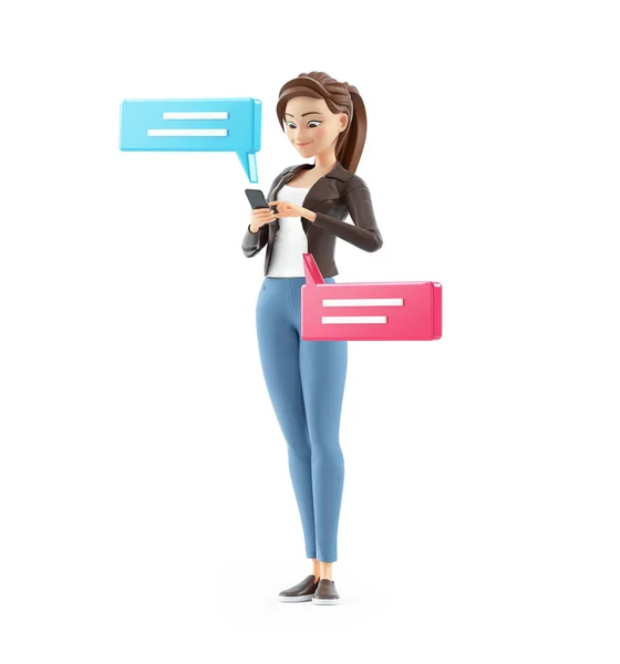 Cartoon Woman Sending Text Messages Smartphone Illustration Isolated White Background — Stok Foto