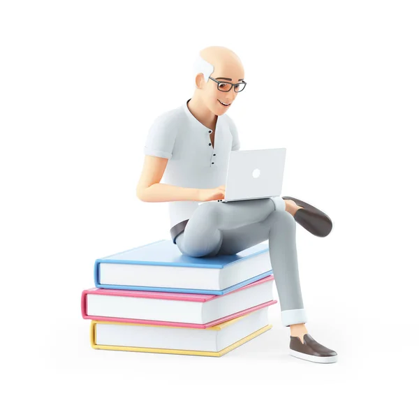Senior Man Sitting Books Laptop Illustration Isolated White Background — Foto Stock
