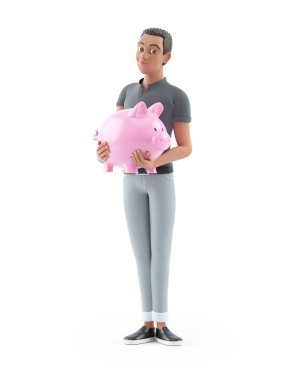 3d character man standing with piggy bank, illustration isolated on white background