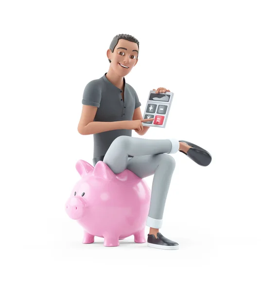 Personagem Homem Sentado Porquinho Banco Com Calculadora Ilustração Isolado Fundo Fotos De Bancos De Imagens