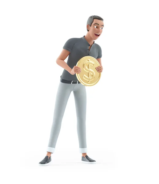 Tecken Man Håller Guld Mynt Illustration Isolerad Vit Bakgrund — Stockfoto