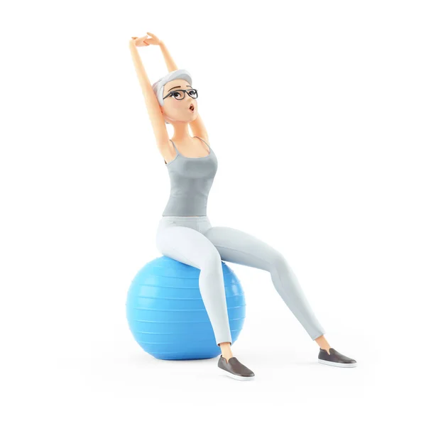 Mulher Sênior Sentado Bola Fitness Fazendo Exercício Alongamento Ilustração Isolada — Fotografia de Stock