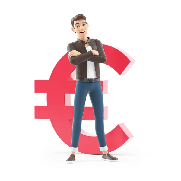 3d cartoon man arms crossed in front of euro sign, illustration isolated on white background