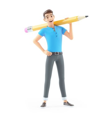 Omuzlarında kalem taşıyan 3D adam, beyaz arka planda izole edilmiş bir resim.