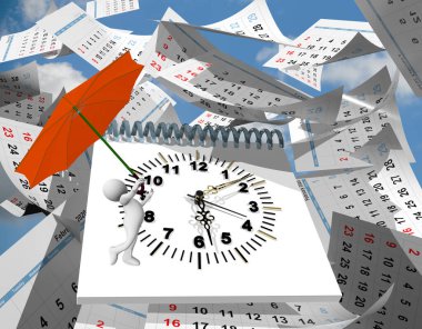 Şemsiyeli bir karakteri sonbahar geçidi olan gökyüzü saatinde uçan günlük sayfaları olan psikoloji beyin karışımı - 3D