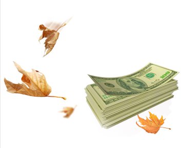 Sonbahar yaprağı para bırakır dolar pazar geçmişi için izole bırakır