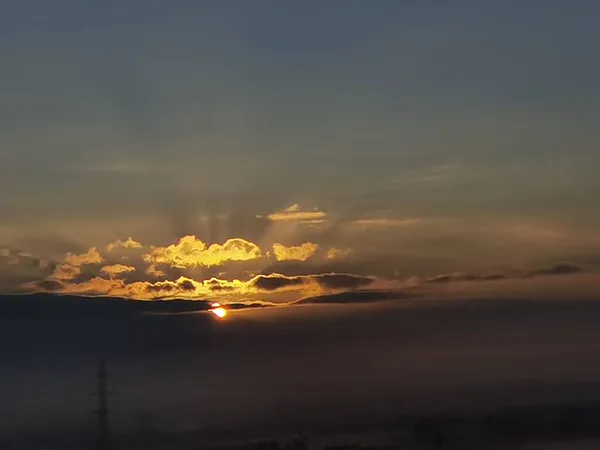 Sunrise Fog Cold Winter Electricity Pylon Ioannina City Greece — Stock Photo, Image