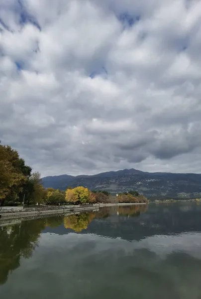 オアニナ市の秋ギリシャ湖のそばの木や雲に黄色の葉ギリシャ語 — ストック写真