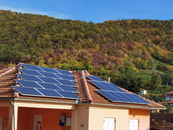 Evin Çatısındaki Güneş Panelleri Arka Plandaki Orman Elektrik Ekolojisi Yenilenebilir — Stok fotoğraf