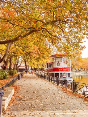 İoannina şehrinde sonbahar Yunan, platanus ağaçları... Sokağa bir çok canlı renk düştü.