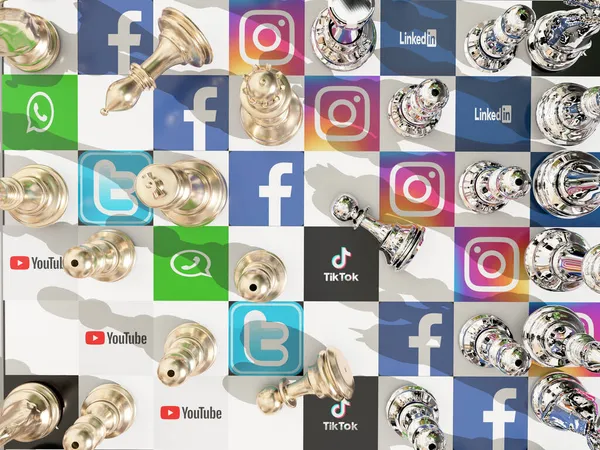 Iconos Redes Sociales Estrategia Peones Ajedrez Rendeirng — Foto de Stock