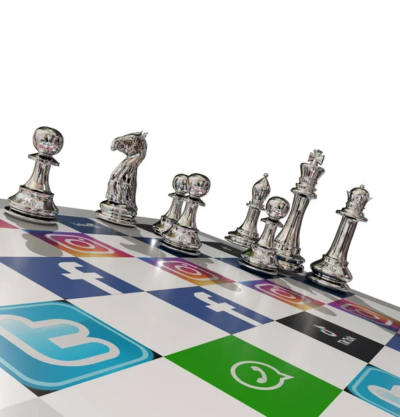 Iconos Redes Sociales Estrategia Ajedrez Peones Tablero Ajedrez Rendeirng — Foto de Stock