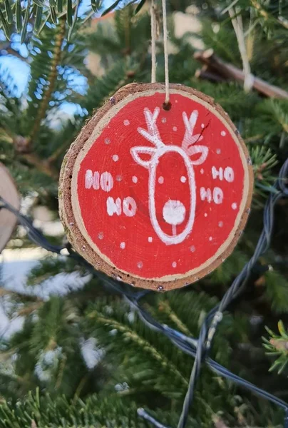 Weihnachtsschmuck Holz Rund Ökologisch Aus Holz Auf Der Tanne — Stockfoto