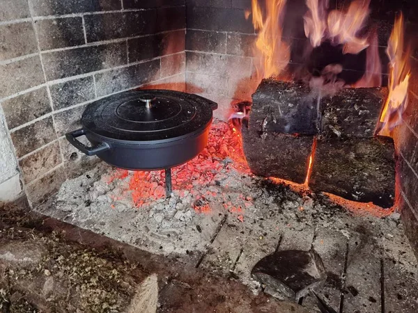 Gövde fırın tavası güveci yemek pişirirken şöminede.