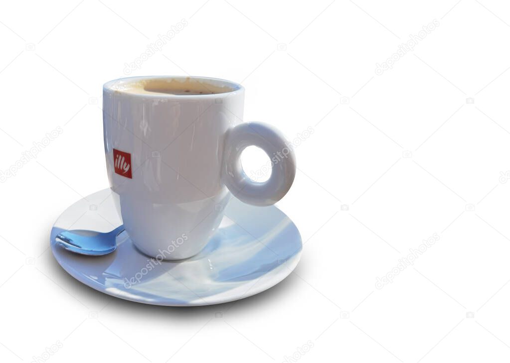coffee hot in white cup isolated space for your text  , greek nescare