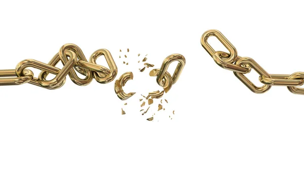 Gold Golden Chain Breaking Many Pieces Horizontal Isolated White Background — Stock Photo, Image