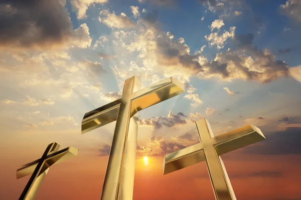 Cruz Cruza Tres Fondo Temporada Pascua Cristiana Oro Renderizado — Foto de Stock